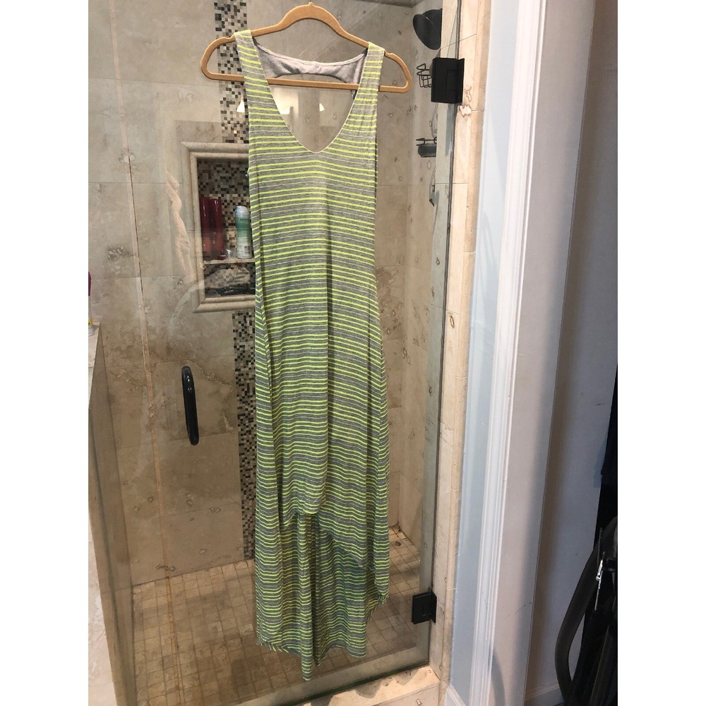 Bebe Gray Neon Green Striped Hi Low Maxi Dress Medium